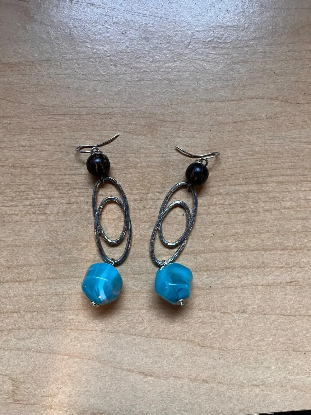 Beaded Brown Silver and Teal Dangle Earrings